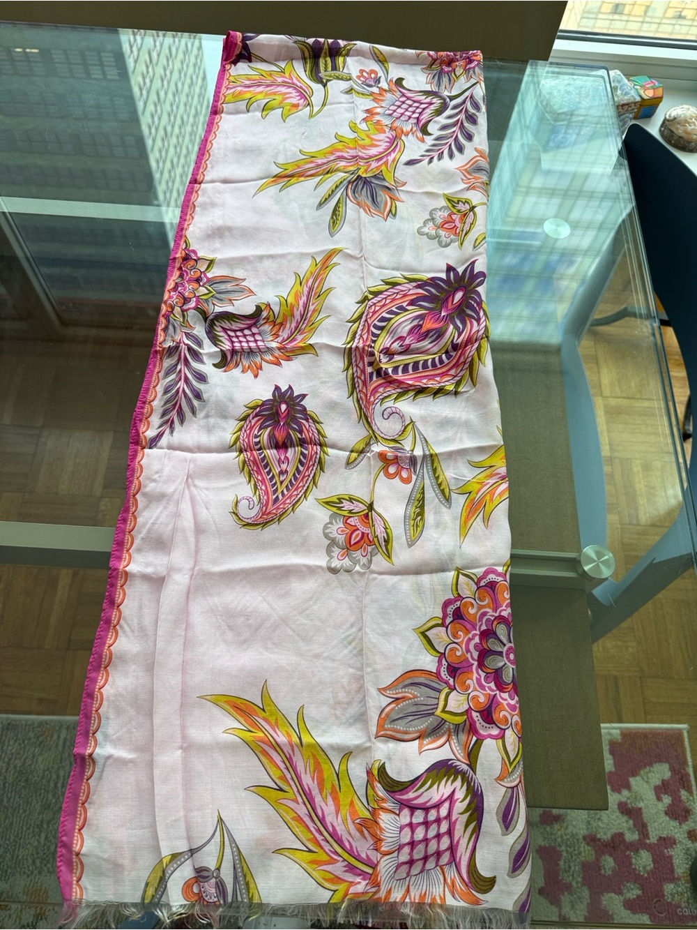 Frass Lightweight Oblong Pink Floral Design Scarf with Raw Edge. - Picture 4 of 7